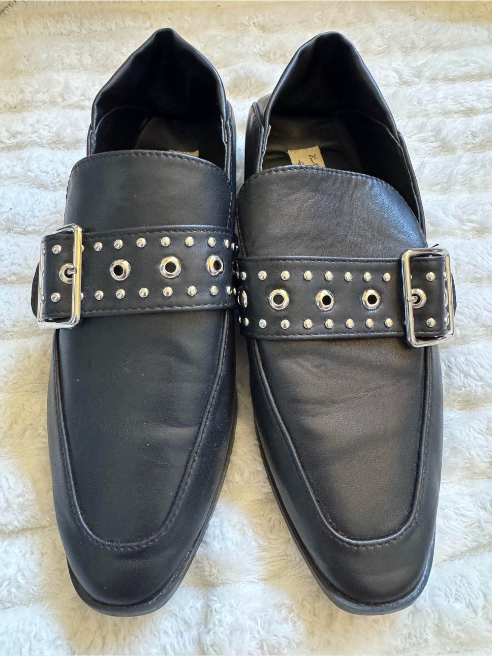 Vintage Havana Black Leather Loafers with Silver Buckle and Studs
